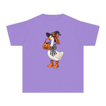 Kids Halloween Goose T‑Shirt — Cute Witch Goose with Jack‑O‑Lantern