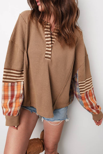 LDC Waffle Stripe Plaid Patchwork Henley Knit Top
